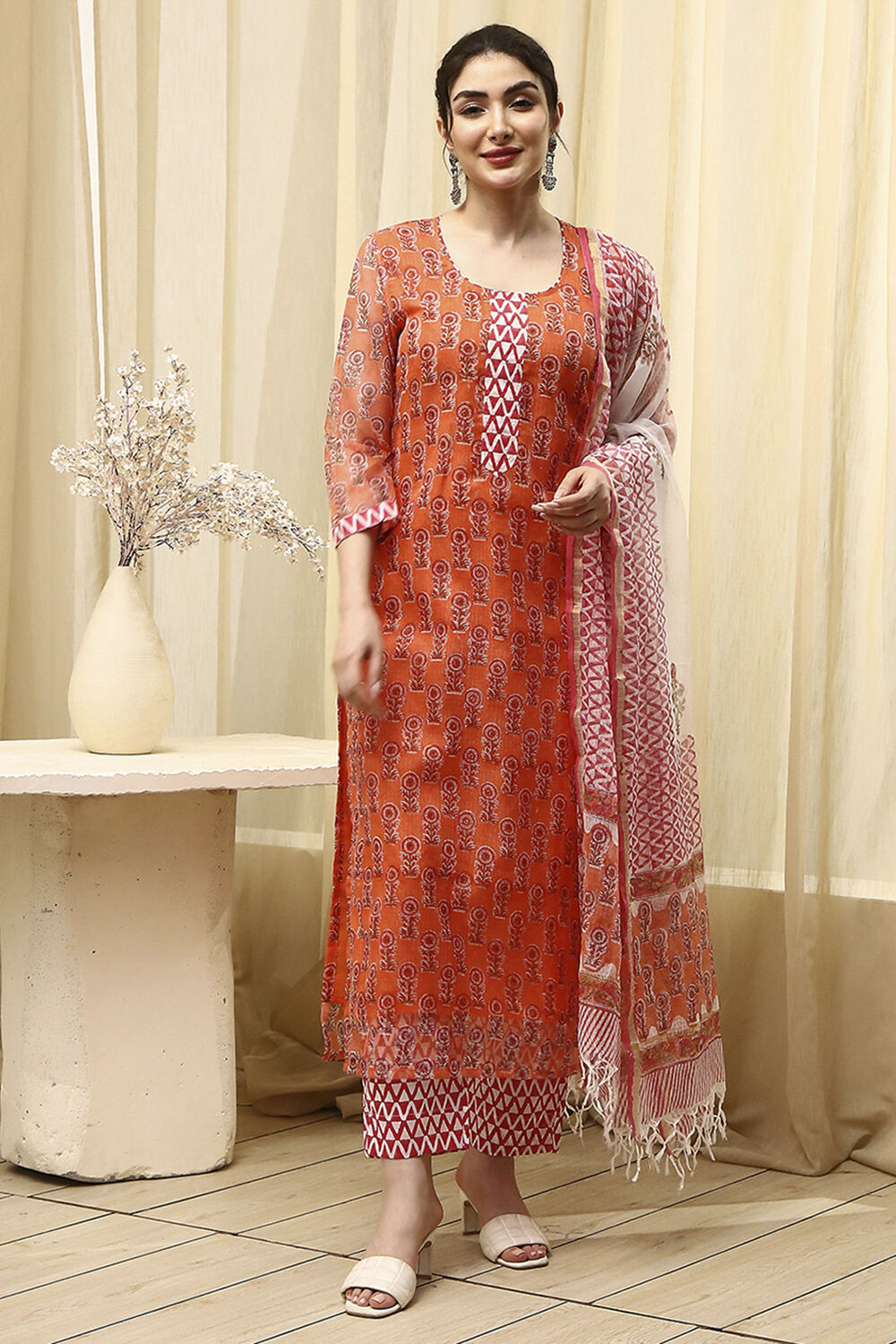 Coral Cotton Hand Block Print Unstitched Suit Set image number 8