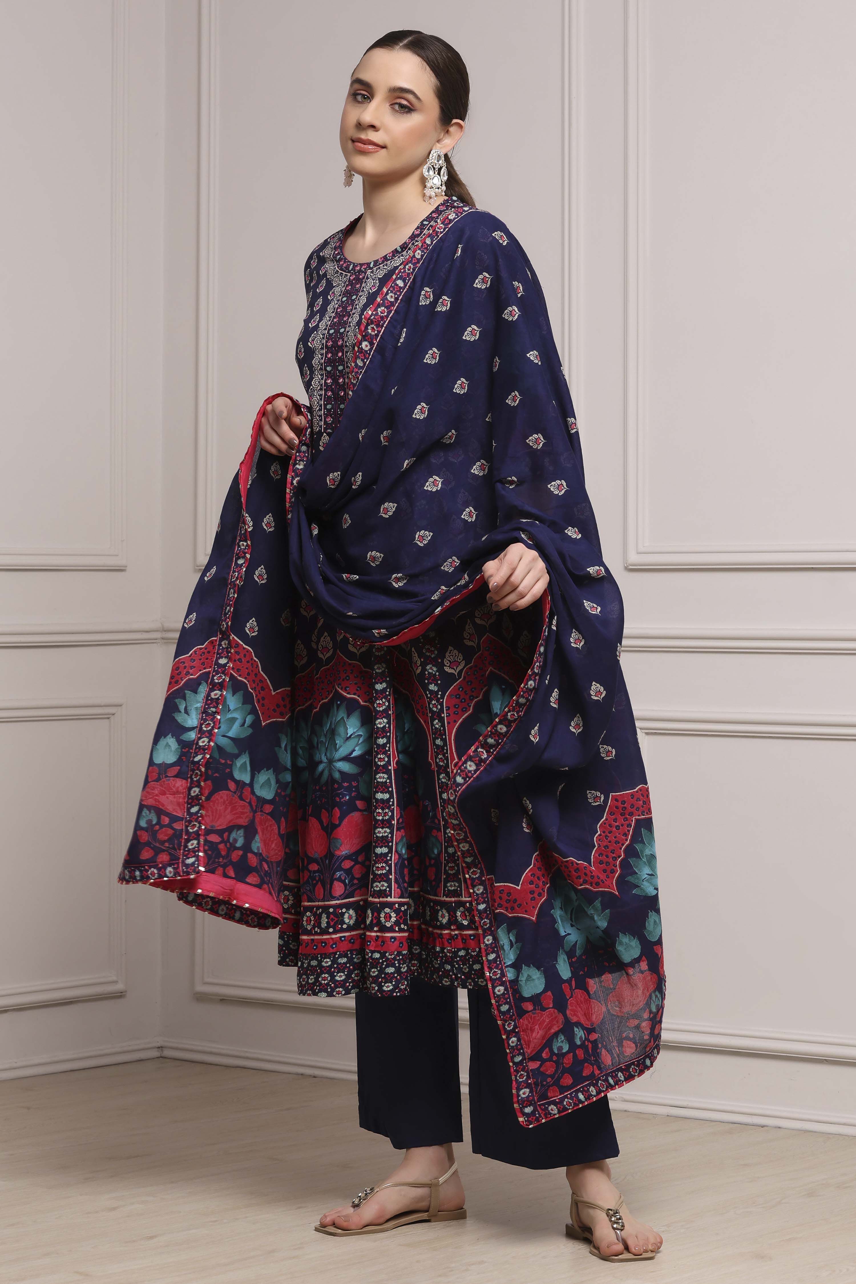 Navy Blue Cotton Printed Anarkali Suit Set image number 3