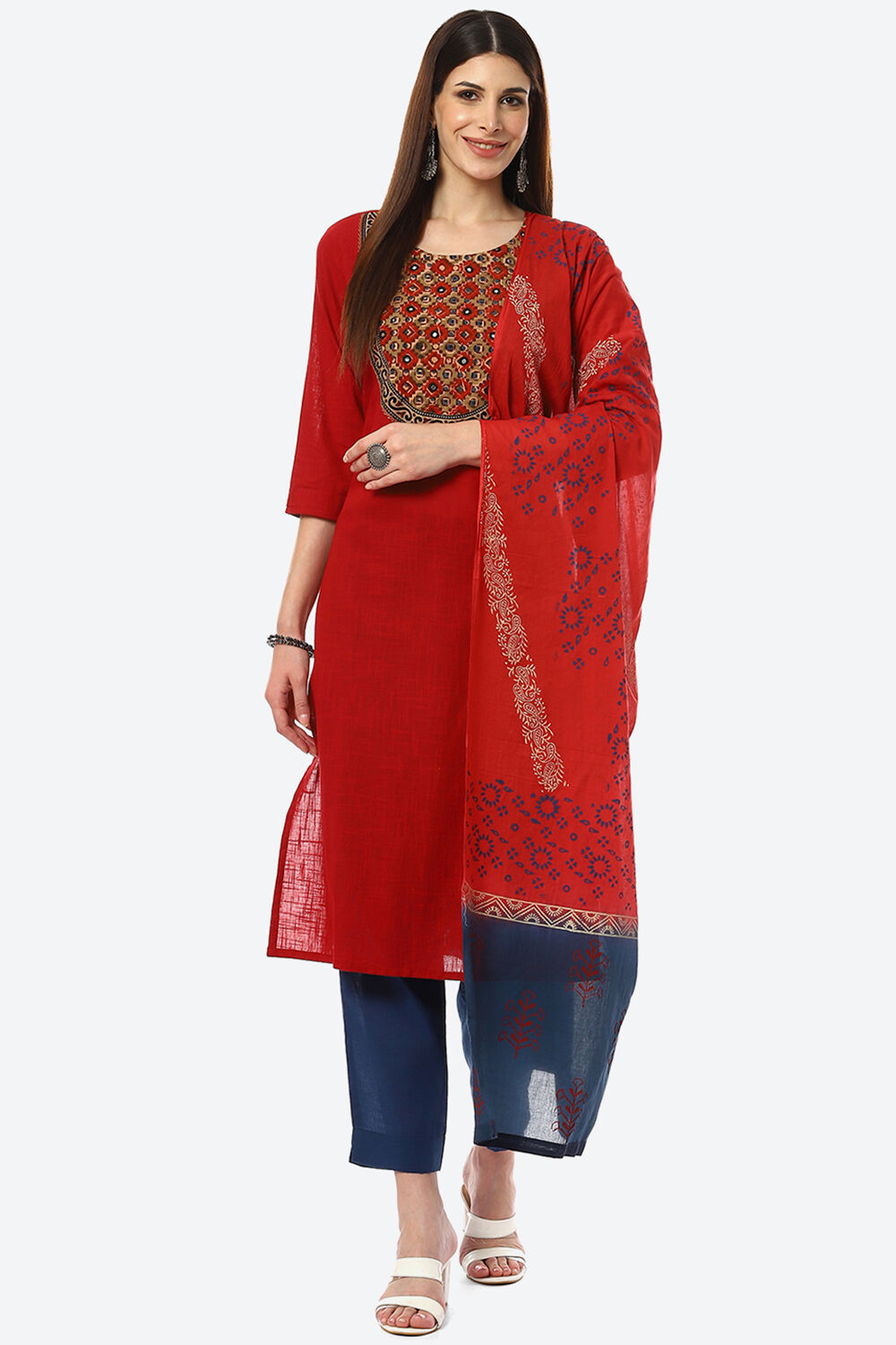 Red Cotton Blend Unstitched Suit Set image number 6