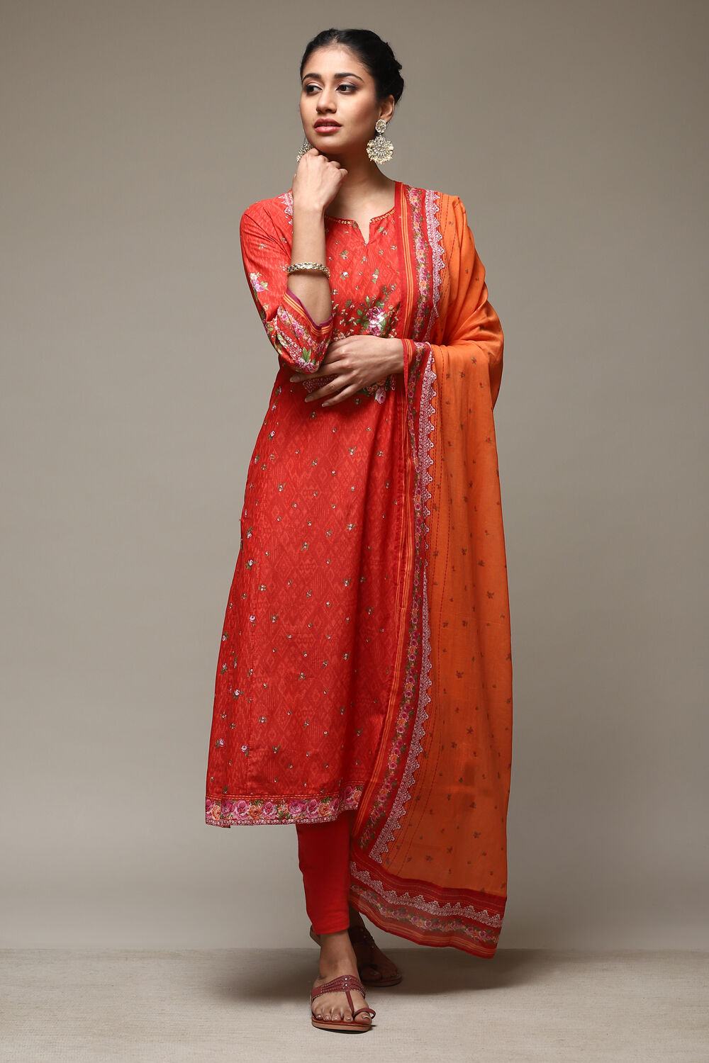 Red Cotton Kalidar Kurta Churidar Suit Set image number 7