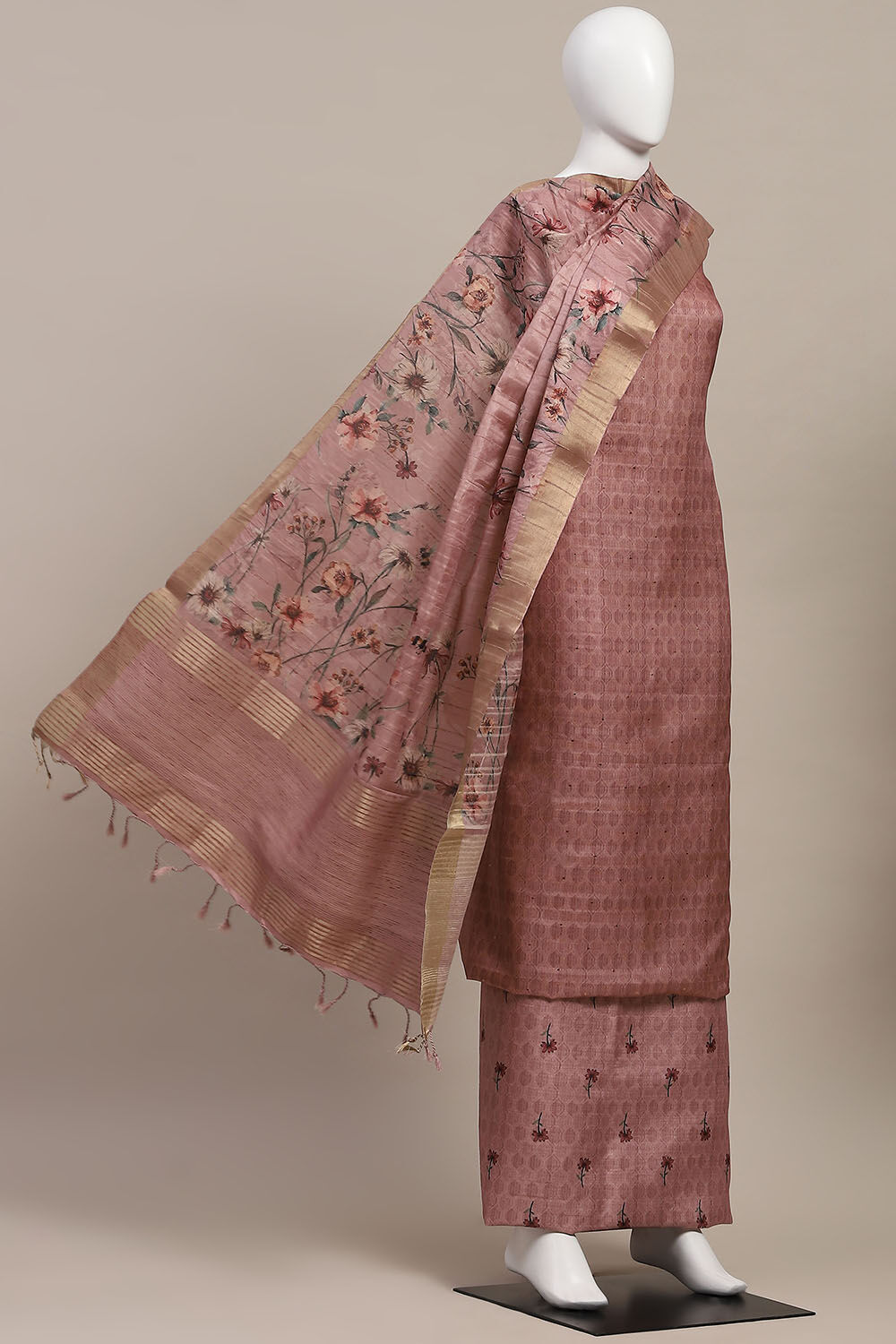 Peach Silk Tussar Handloom Unstitched Suit Set image number 4