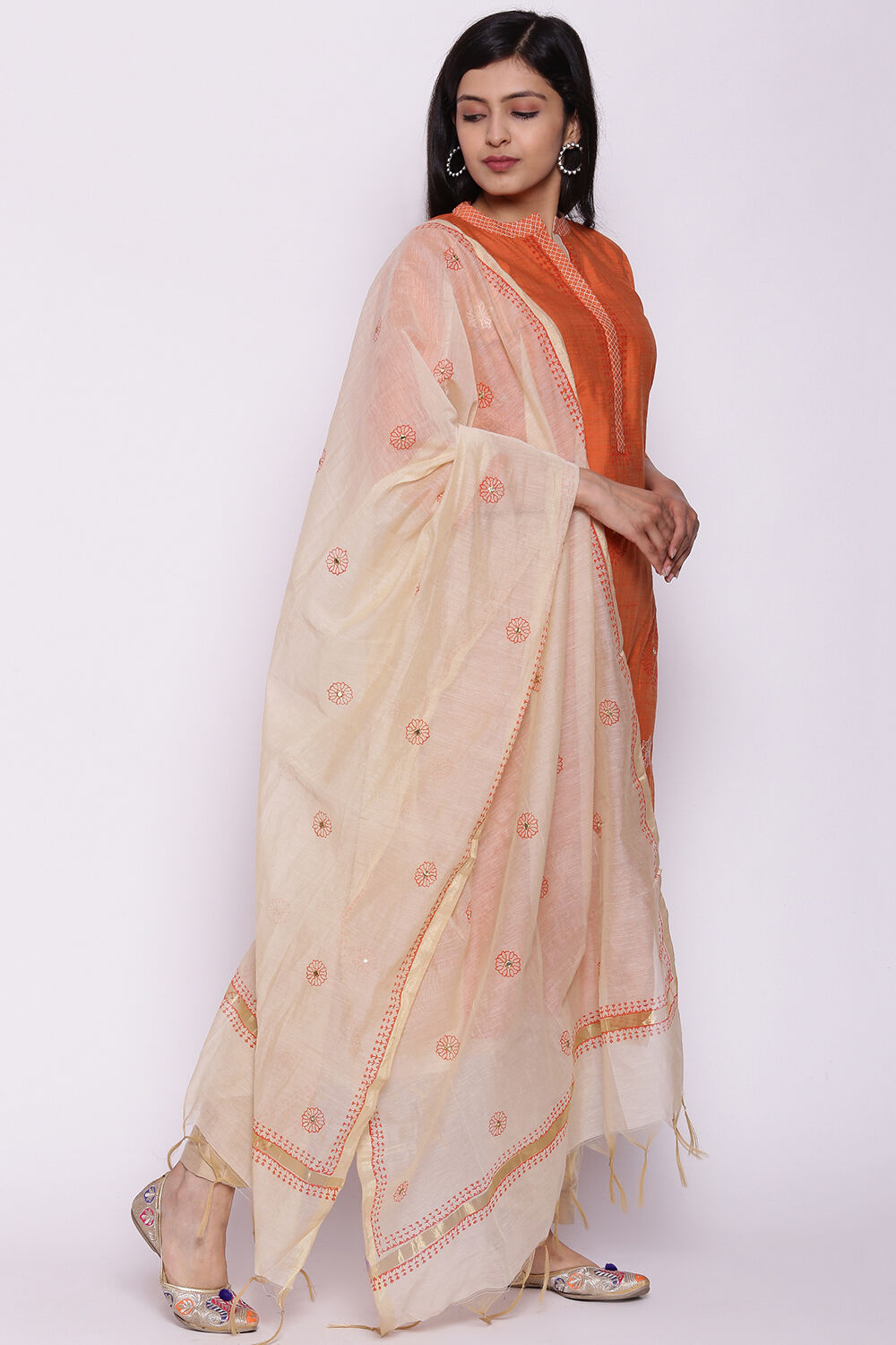 Off White Silk Blend Hand Embroidered Unstitched Suit Set image number 4
