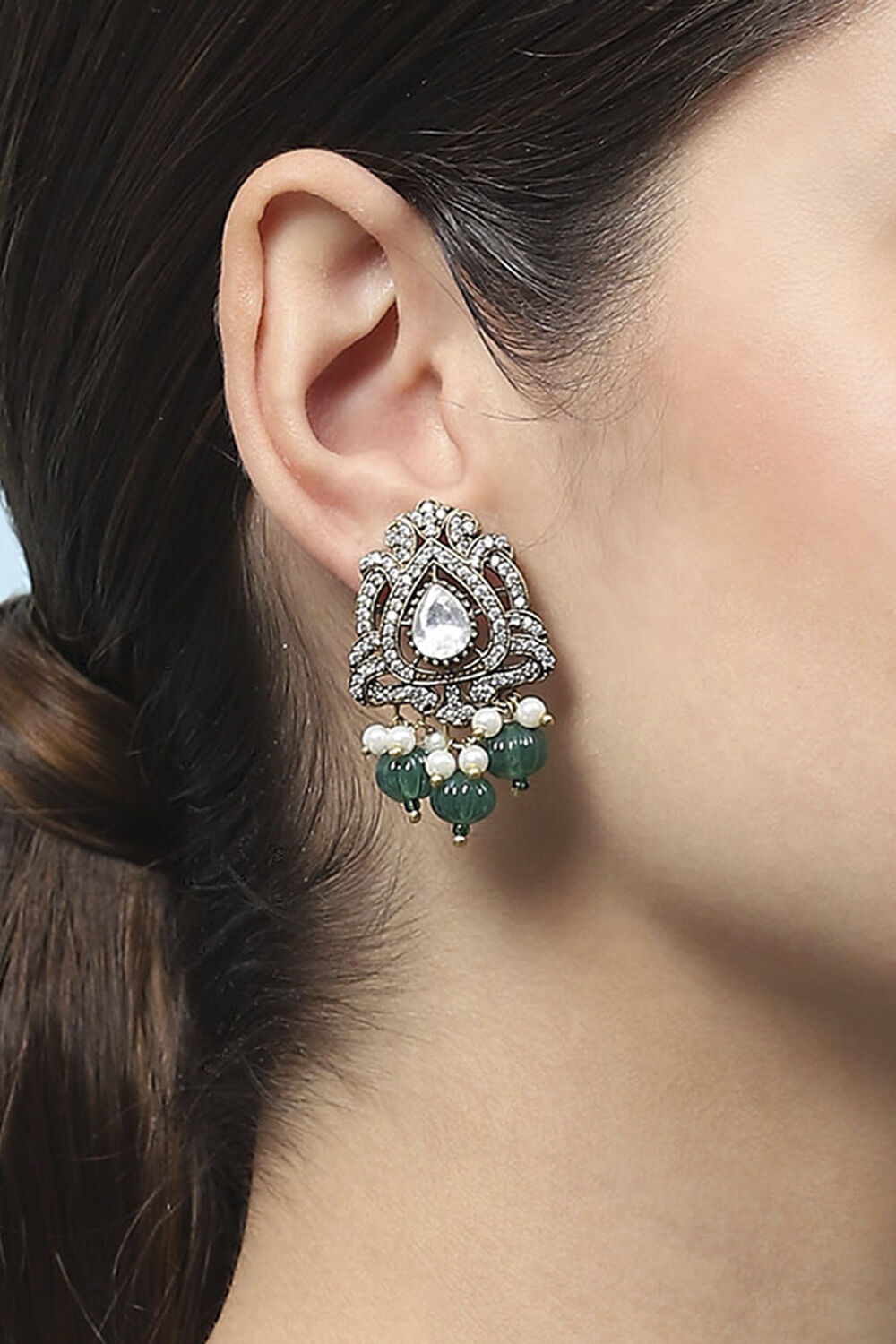 Green Stone Embellished Earrings image number 3