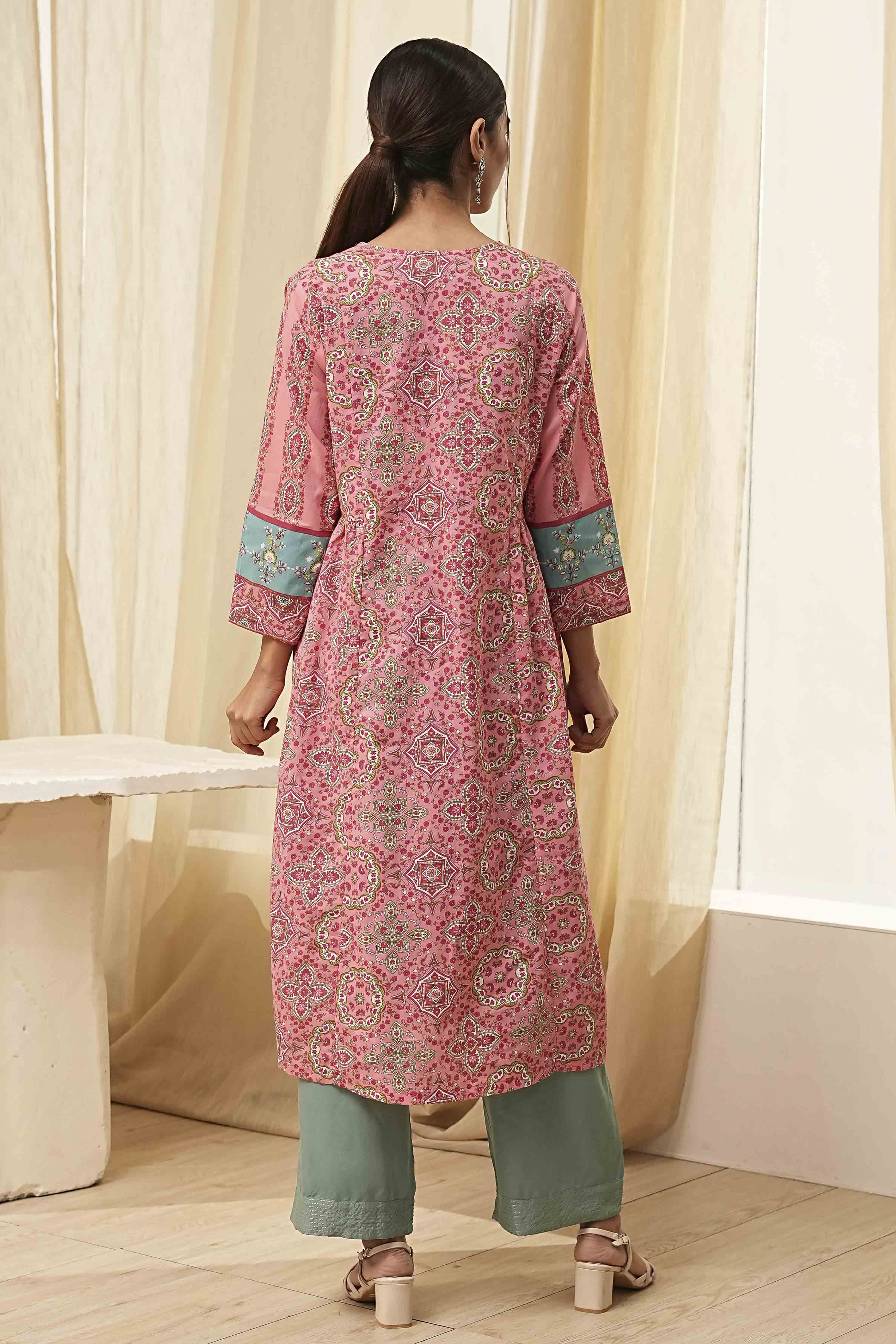 Pink Pure Cotton Printed A-Line Kurta image number 3