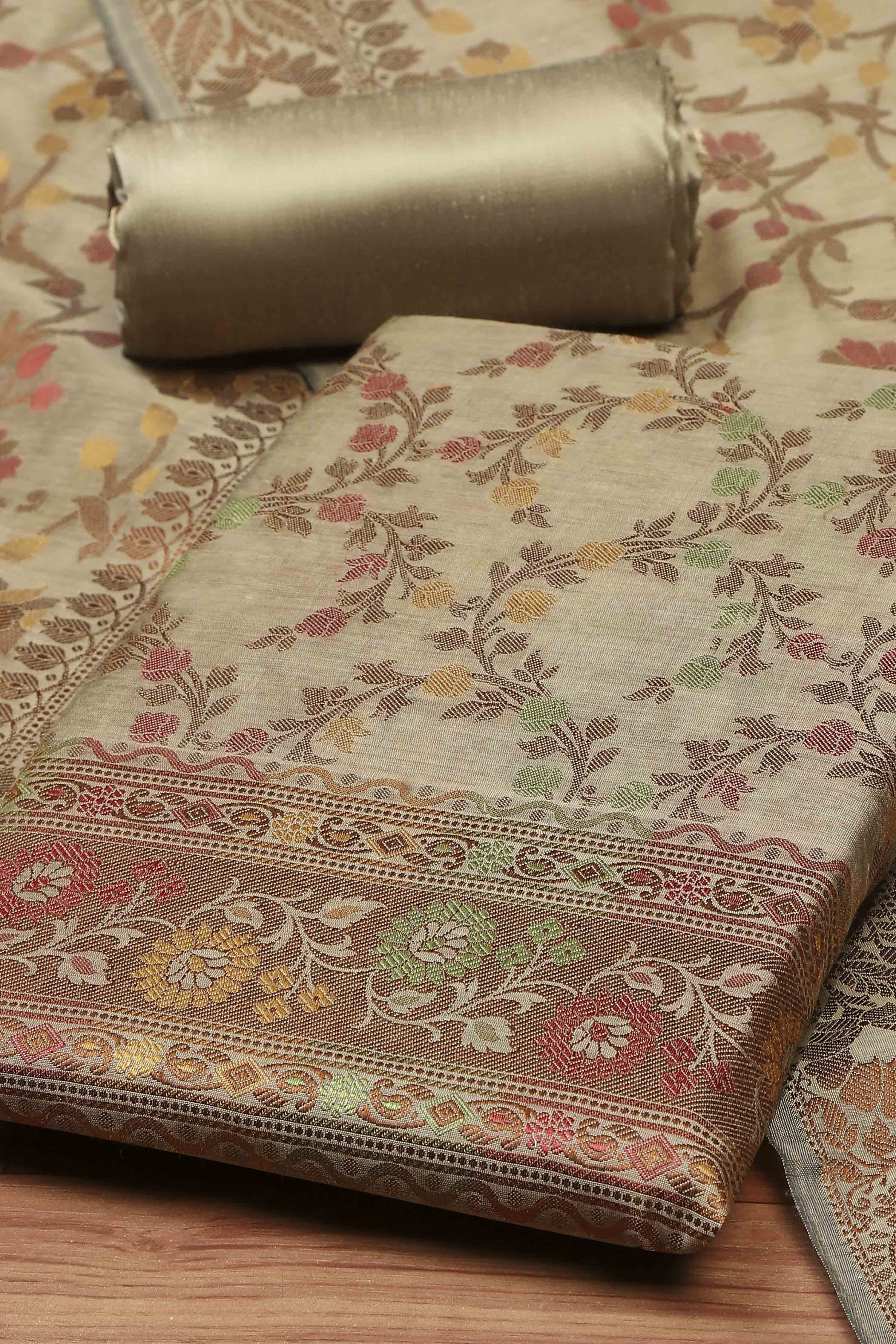 Green Cotton Printed Embroidered Unstitched Suit Set image number 1