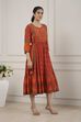Rust Orange Ethnic Motif Printed Midi Dress image number 4