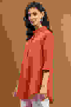 Orange Cotton Blend Solid Straight Shirt Style Kurti image number 2