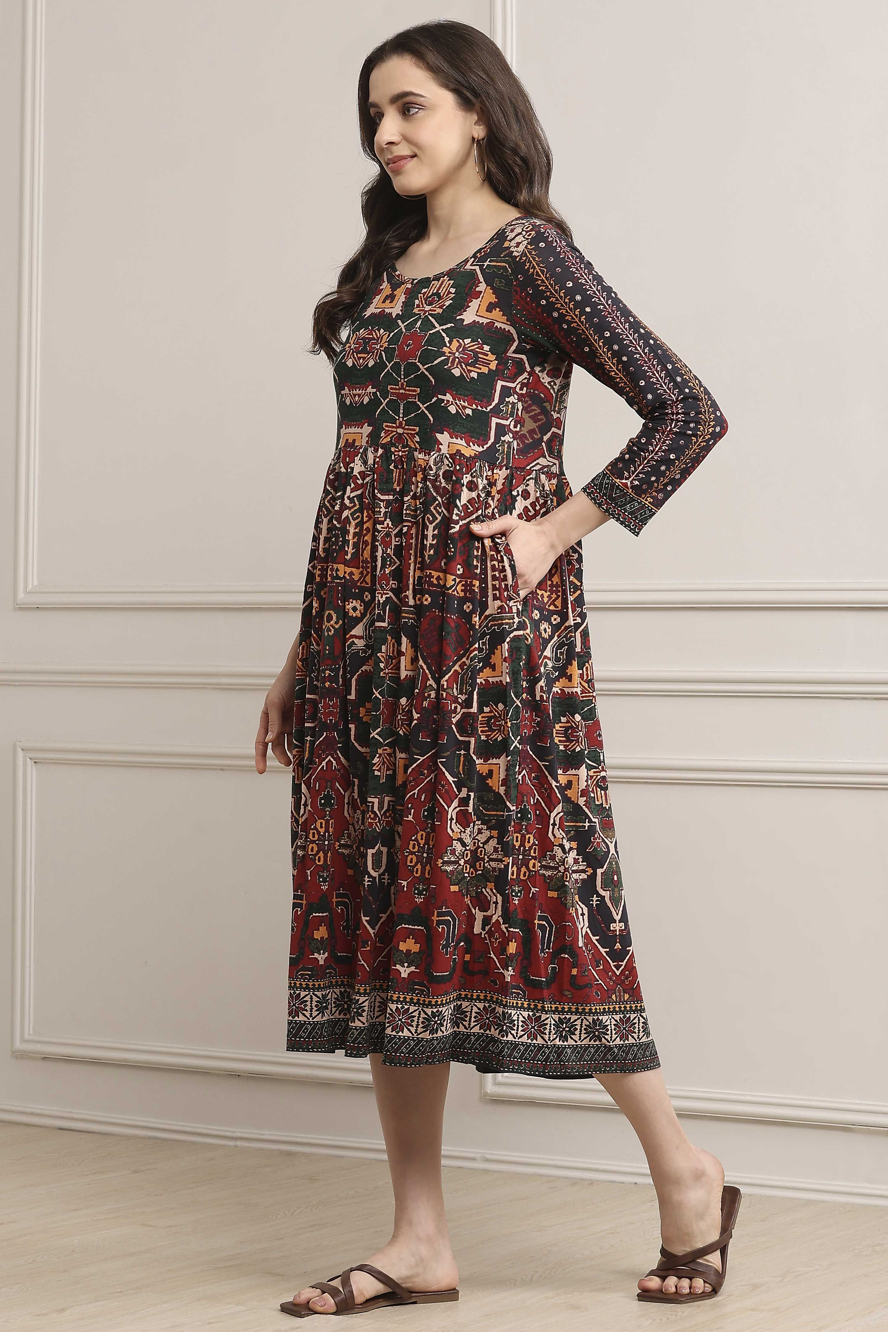 Rust Cotton Blend Flared Printed Dress image number 2