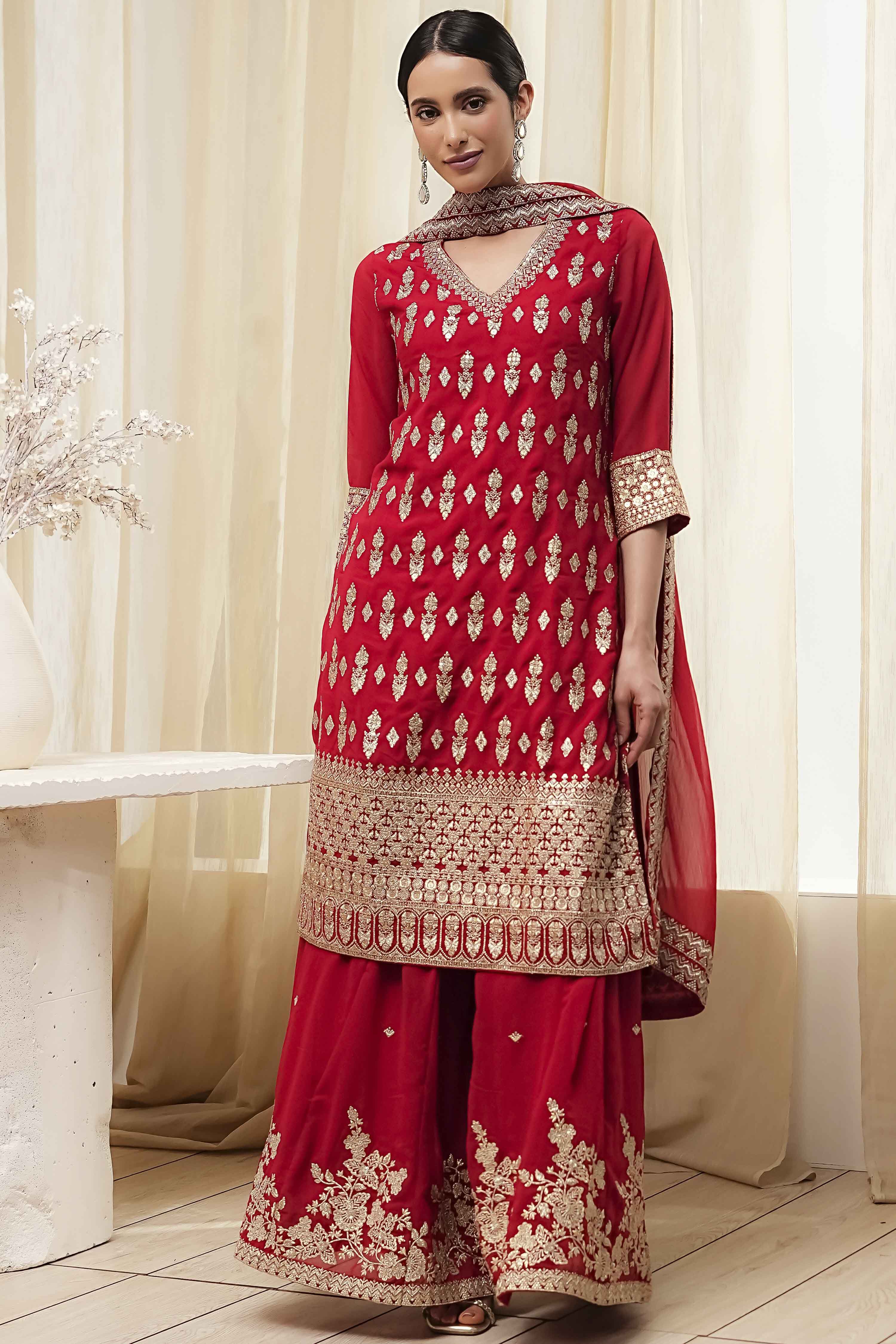 Red Embroidered Straight Suit Set image number 5