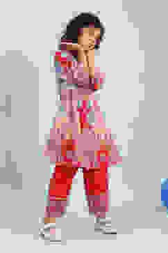 Pink and Blue Cotton Printed A-Line Kurta Set image number 5