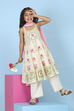 Off White & Green Cotton Floral Printed Anarkali Suit Set