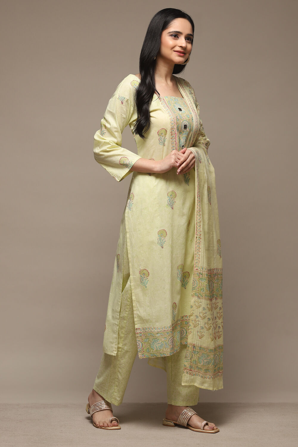 Green Cotton Hand Block Print Unstitched Suit Set image number 7
