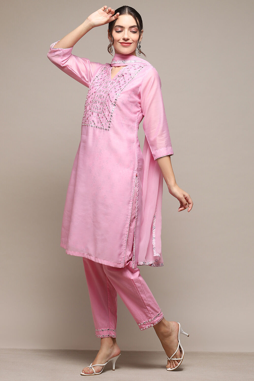 Powder Blue Cambric Narrow Kurta Pant Suit Set image number 4