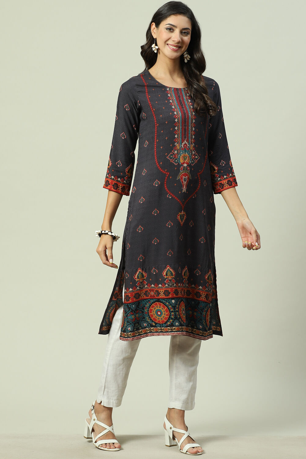 Black LIVA Straight Printed Kurta image number 3