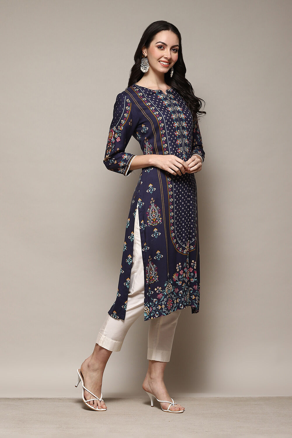 Navy LIVA Straight Printed Kurta image number 3
