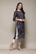Navy LIVA Straight Printed Kurta image number 3