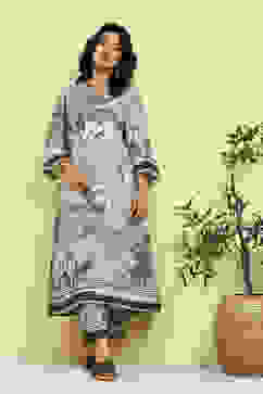 Grey Floral Printed Shantoon Kurta Pants Set image number 0