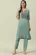 Sage Green Solid LIVA Straight Kurta Slim Pant Suit Set image number 0