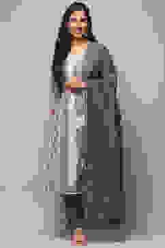 Navy Blue Chanderi Unstitched Suit set image number 8