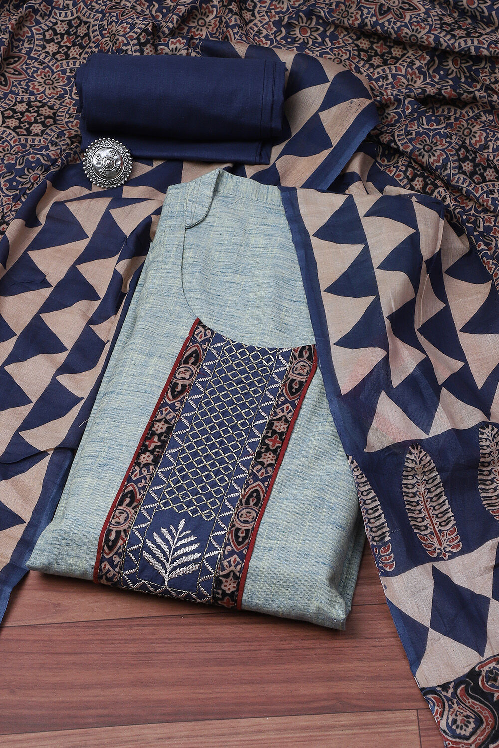 Green Cotton Hand Block Print Unstitched Suit Set image number 1