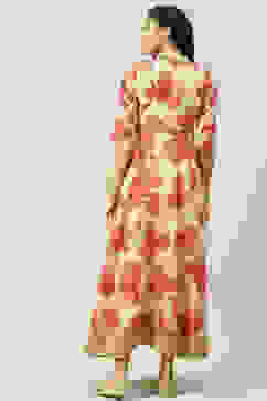 Beige Art Silk Flared Fusion Printed Dress image number 4