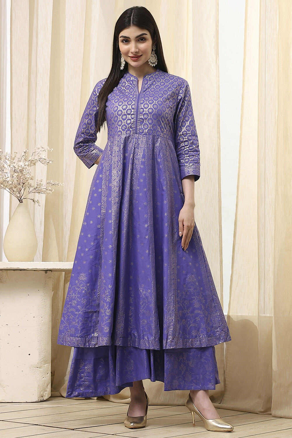 Lavender Cotton Layered Anarkali Dress image number 4