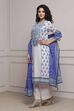 White and Blue Cotton Printed Straight Suit Set image number 3