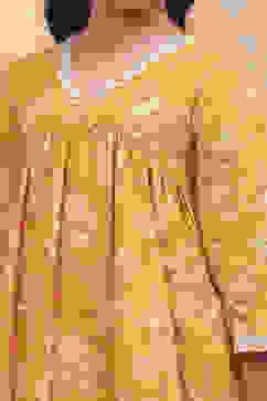 Yellow Cotton Floral Printed Festive Gathered Suit Set image number 1