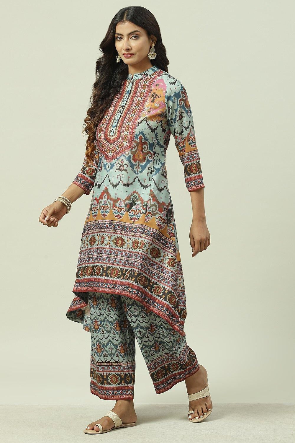 Beige Cotton Blend Asymmetric Printed Kurta Suit Set image number 3