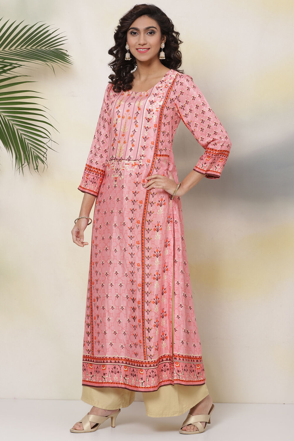 Pink Art Silk Straight Kurta image number 2
