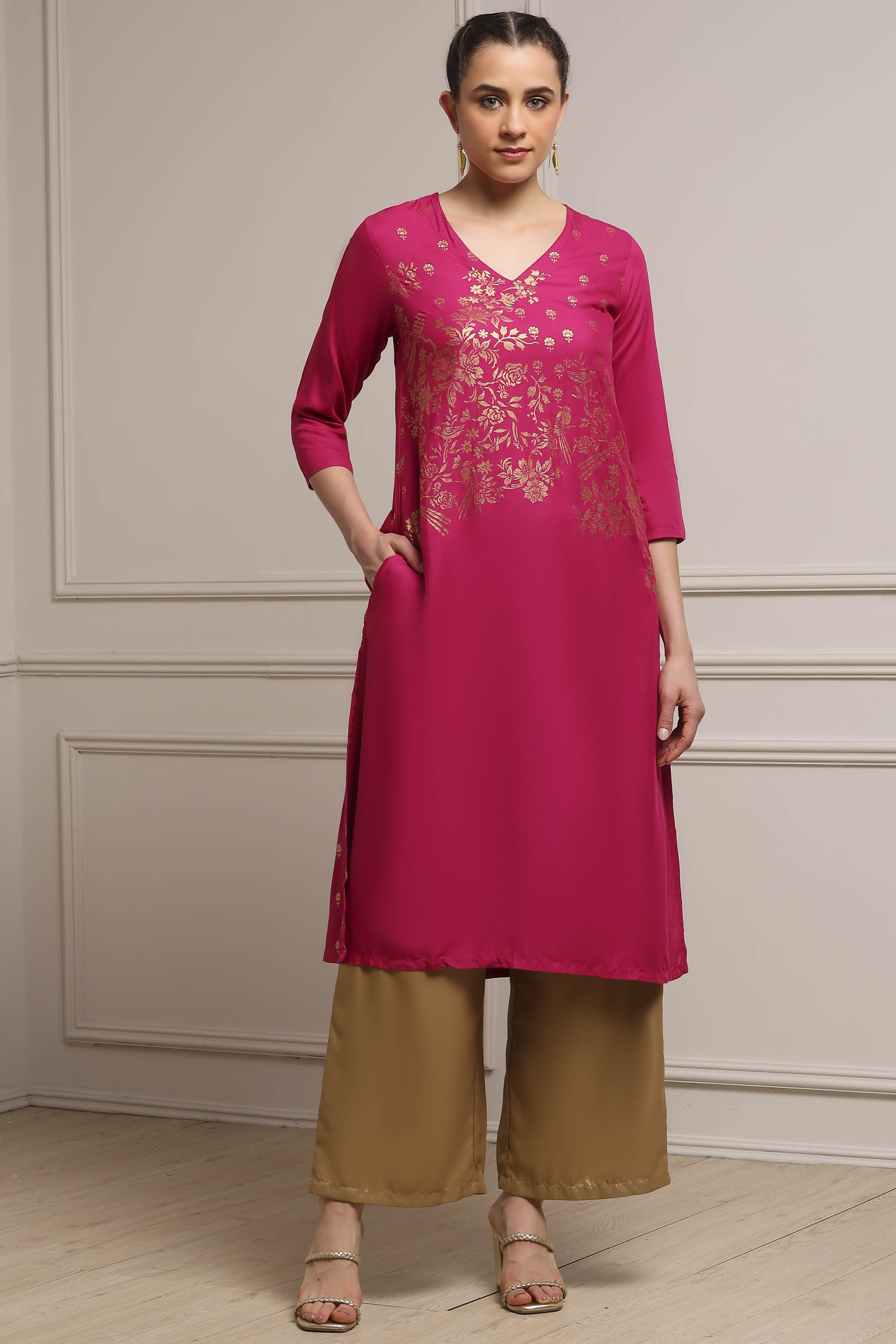 Fuschia Rayon A-Line Printed Kurta image number 0