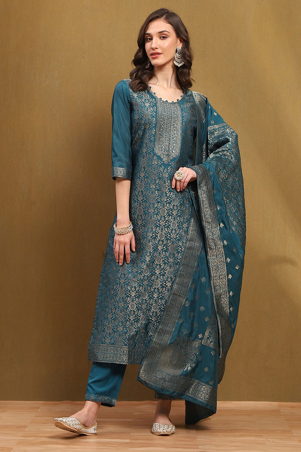 Mustard Yellow Silk Blend Woven Unstitched Suit Set image number 5