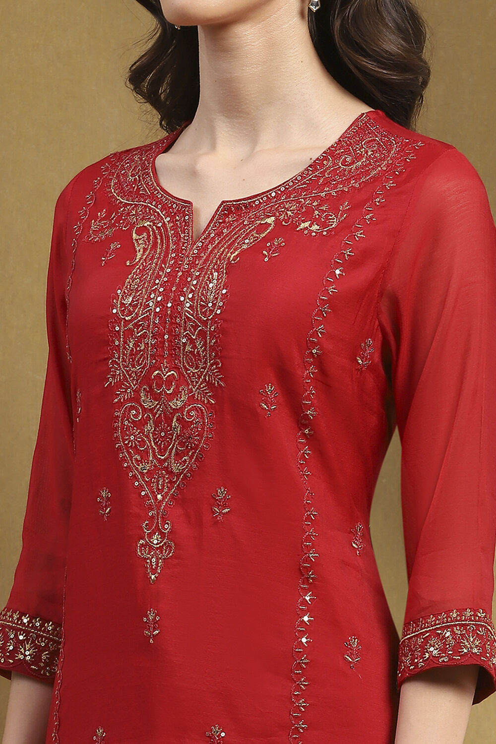Red Embroidered Festive Straight Suit Set image number 1