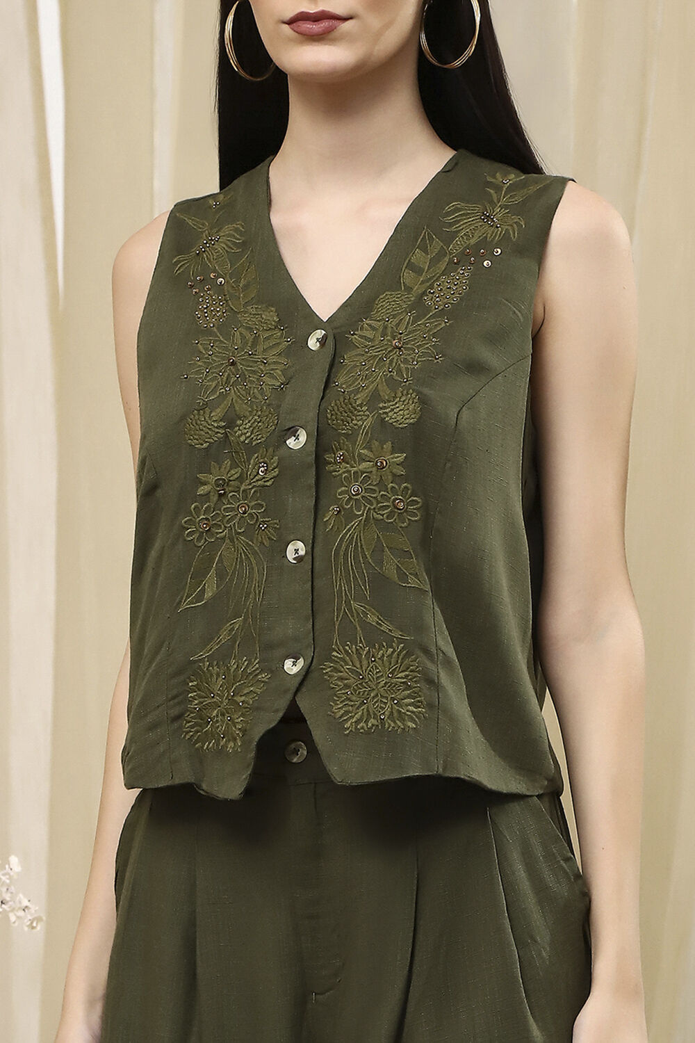 Beige Viscose Floral Embroidered Fusion Set image number 1