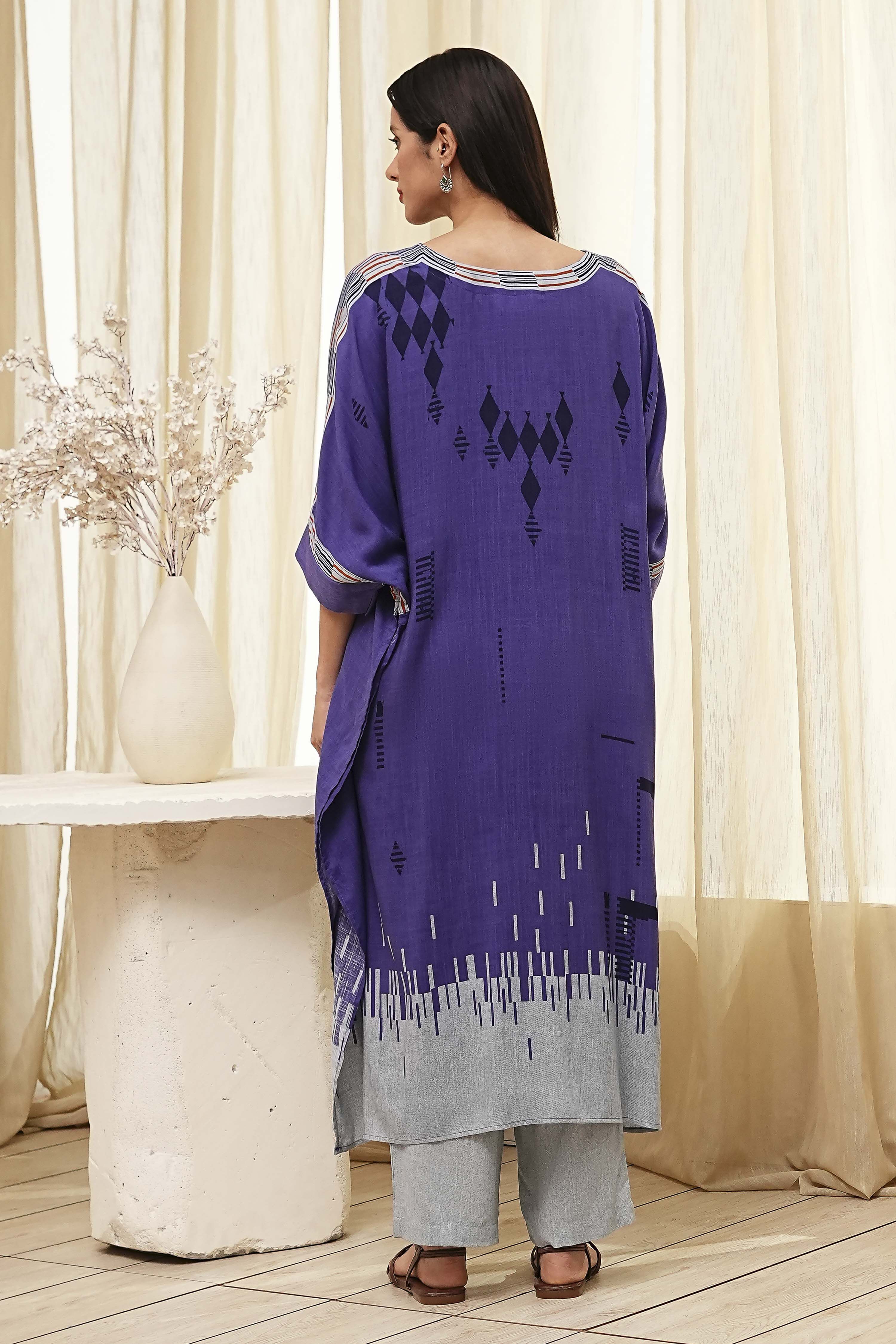 Blue Printed Kaftan-Style Kurta Set image number 4