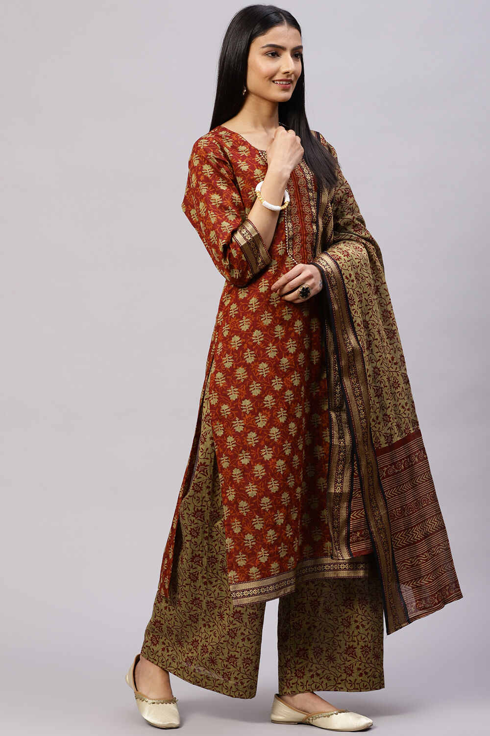 Red Cotton Woven Unstitched Suit Set image number 6