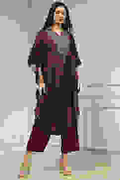 Blue and Brown Satin Printed Kaftan-Style Kurta Set image number 5