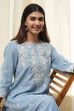 Blue Cotton Embroidered Straight Kurta Set image number 7