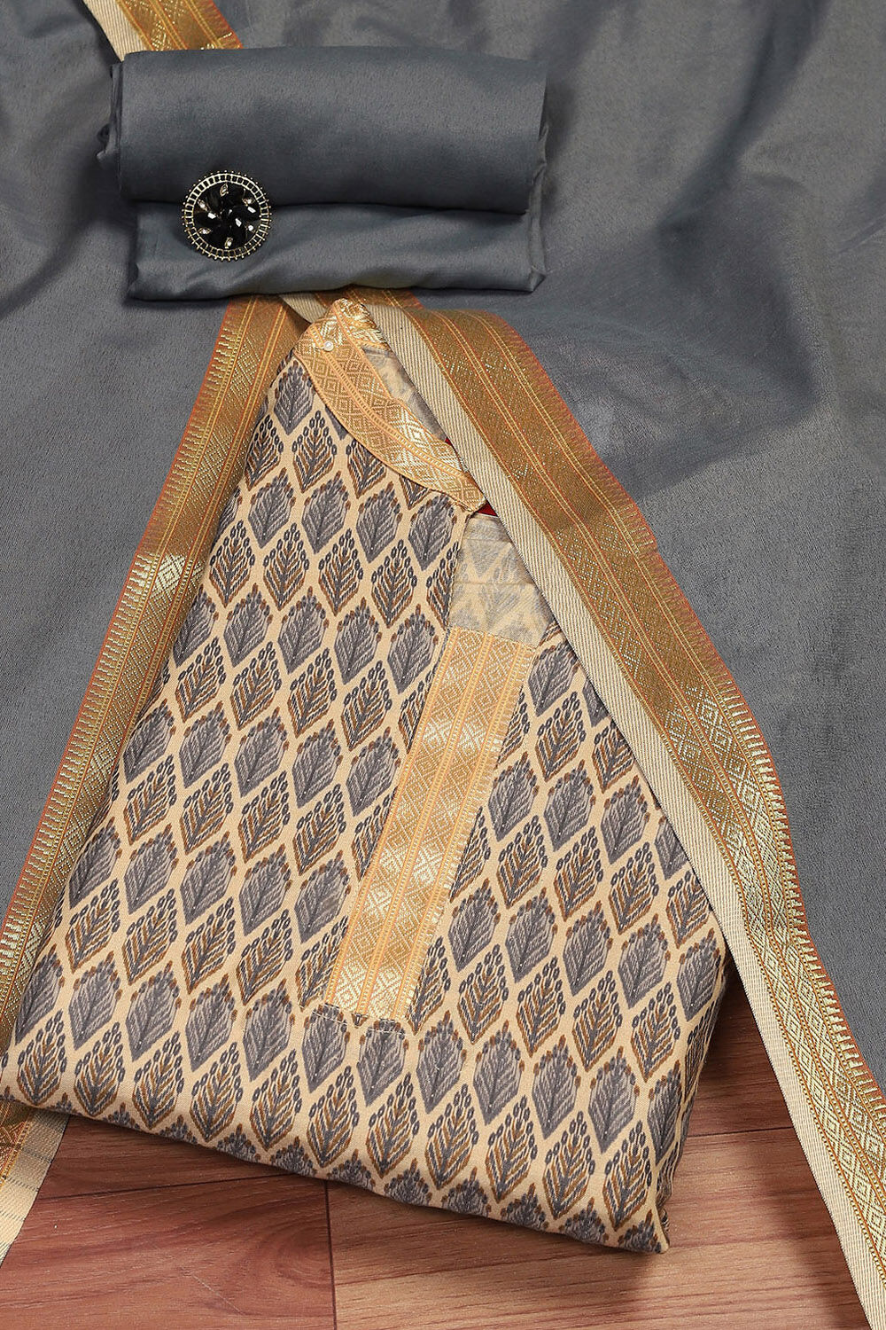 Grey Cotton Handloom Unstitched Suit Set image number 0