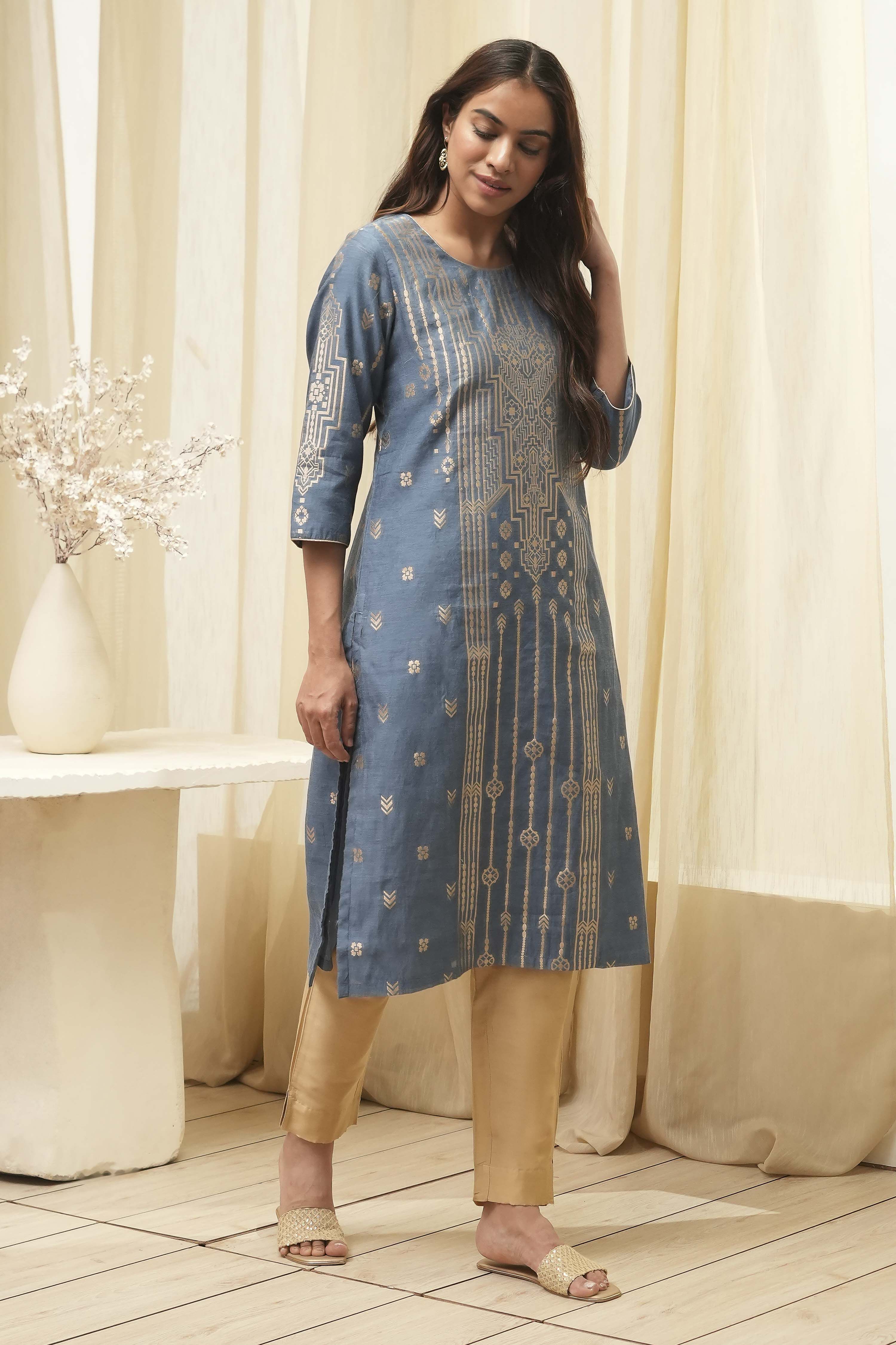 Blue Poly Cotton Straight Yarndyed Kurta image number 4