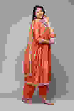 Coral Cotton Blend Gathered Kurta Palazzo Suit Set image number 7