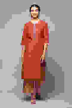 Red Cotton Straight Kurta Palazzo Suit Set image number 6