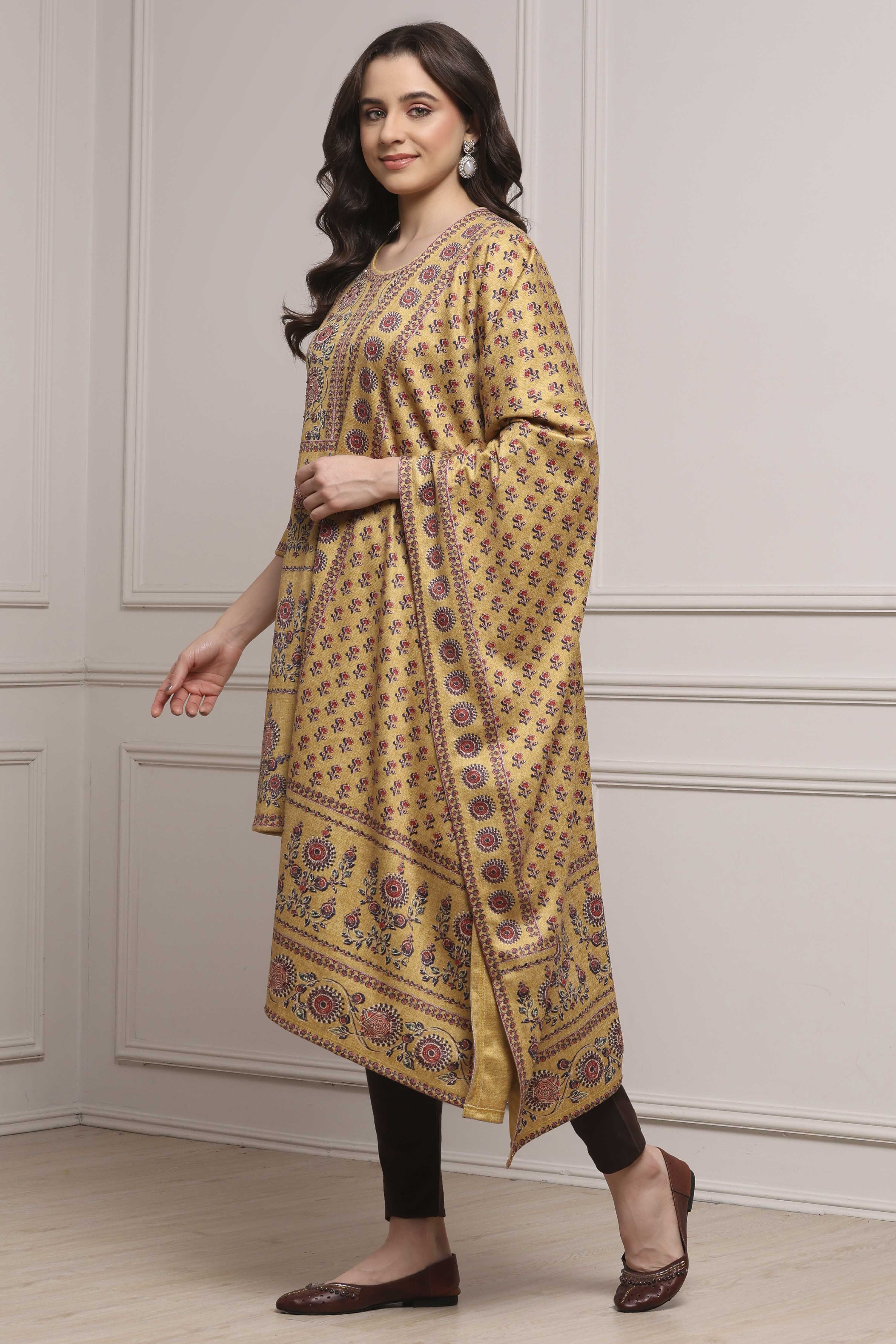 Mustard Yellow Printed Winter Stole image number 2