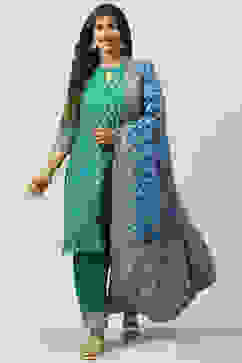 Peacock Green Art Silk Straight Kurta Salwar Suit Set image number 0