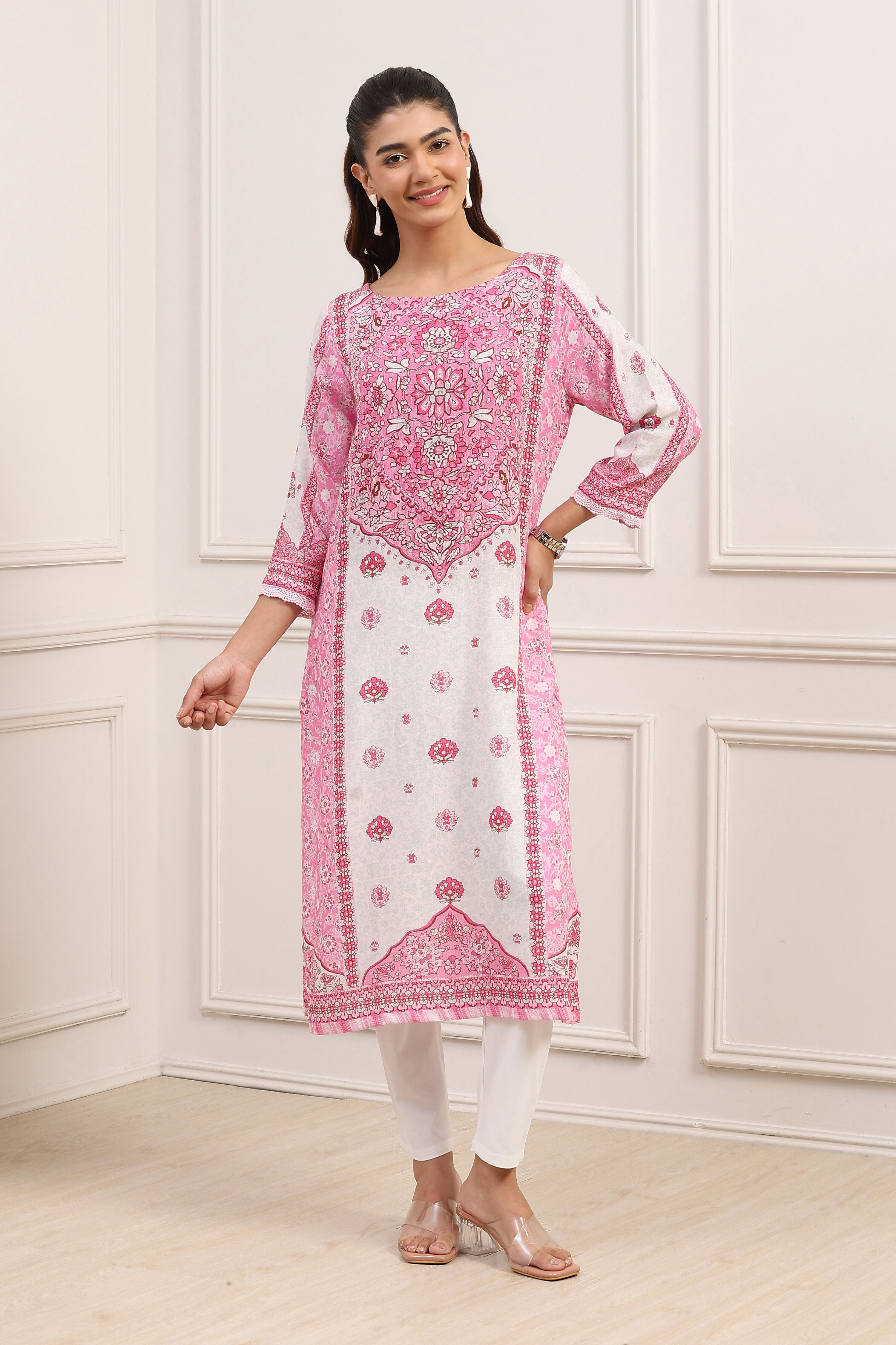 Pink Viscose Rayon Printed Straight Kurta image number 5
