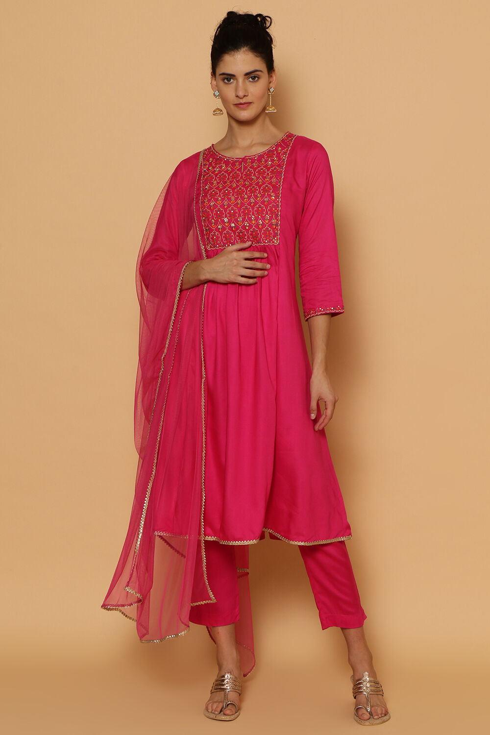 Pink Rayon Kalidar Kurta Slim Pant Suit Set image number 5