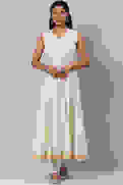 Ivory Poly Cotton Flared Kurta Churidar Suit Set image number 1