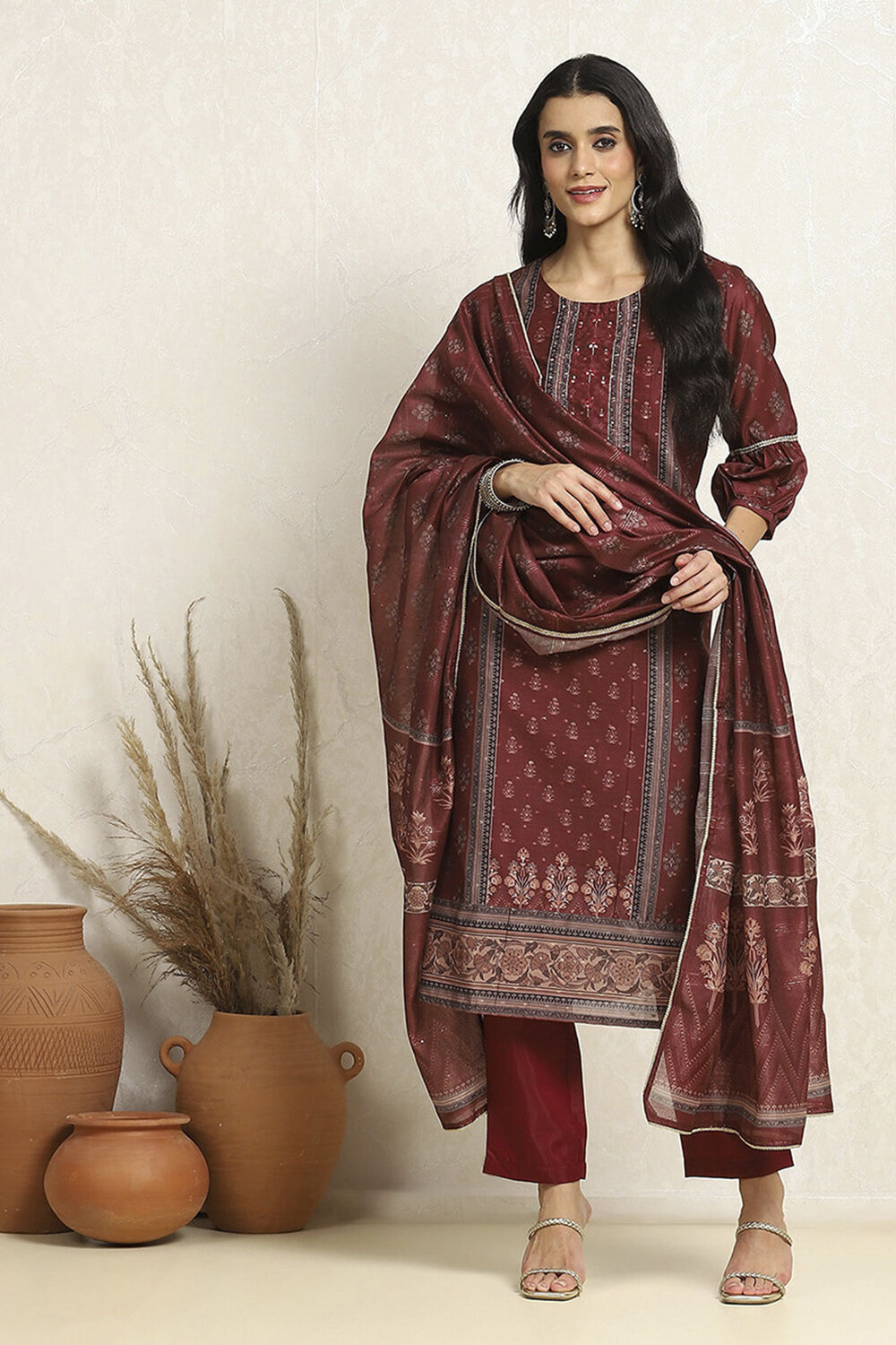 Maroon Chanderi Floral Printed Festive Unstitched Suit Set image number 1