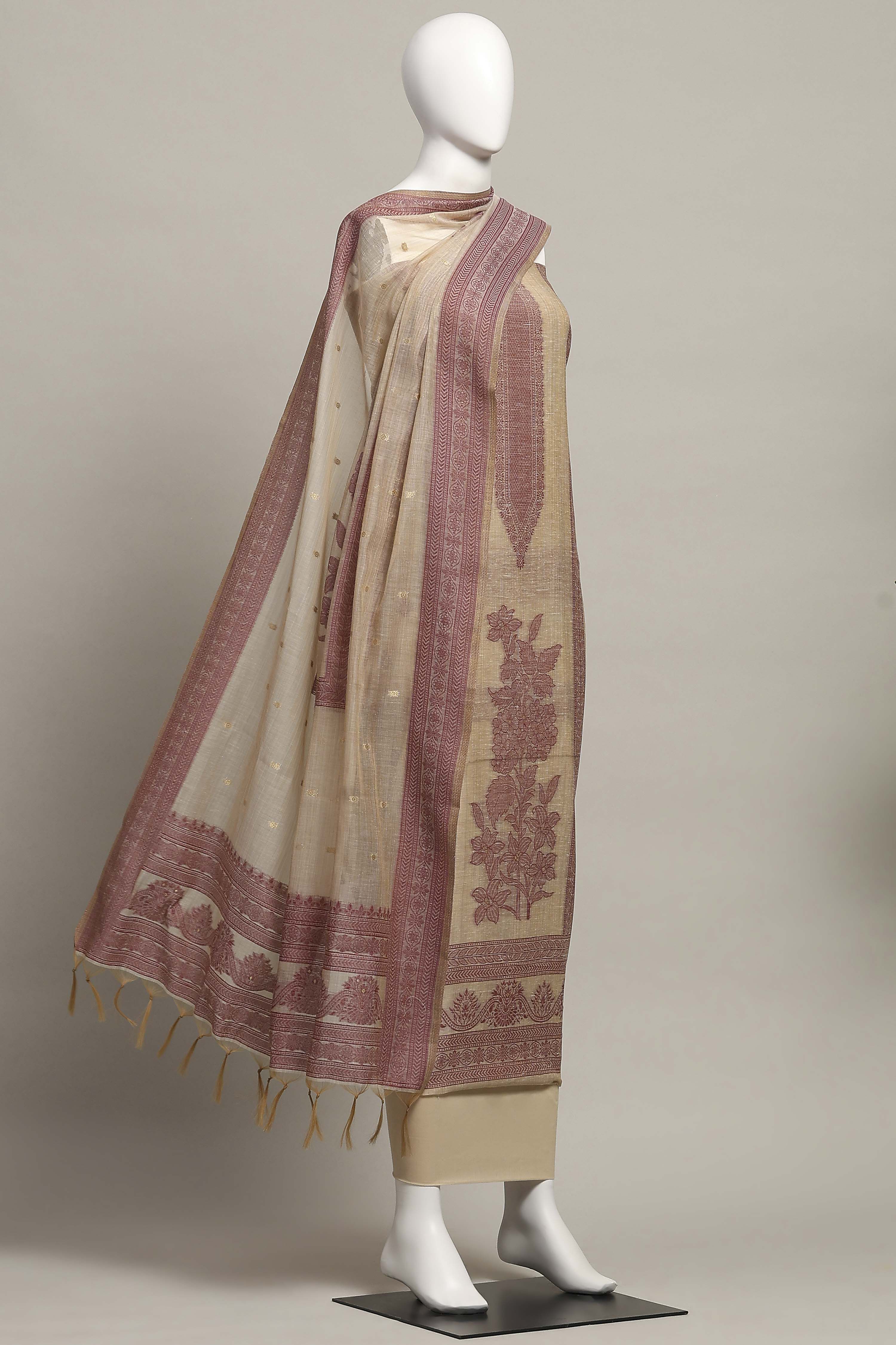 Pink Cotton Royal-Mughal Booti Print Unstitched Suit Set image number 4