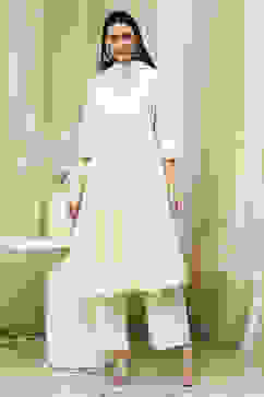 Off-White Cotton Schiffli Anarkali Suit Set image number 6